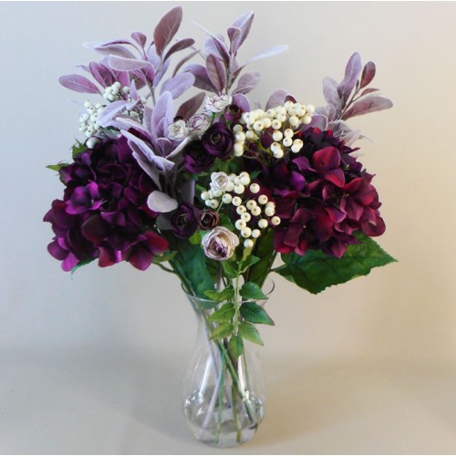 Aubergine Hydrangeas and Globe Artichokes Artificial Flower Arrangements